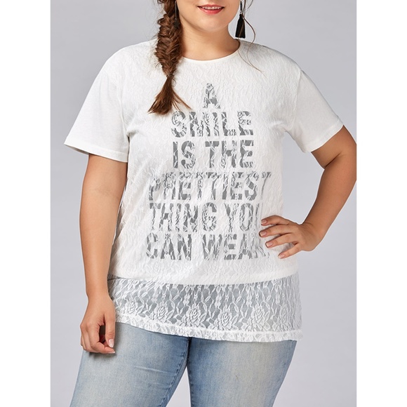 Eason for Curves Collection Tops - ✨ Plus Size "Smile" Print Lace Overlay T-Shirt ✨